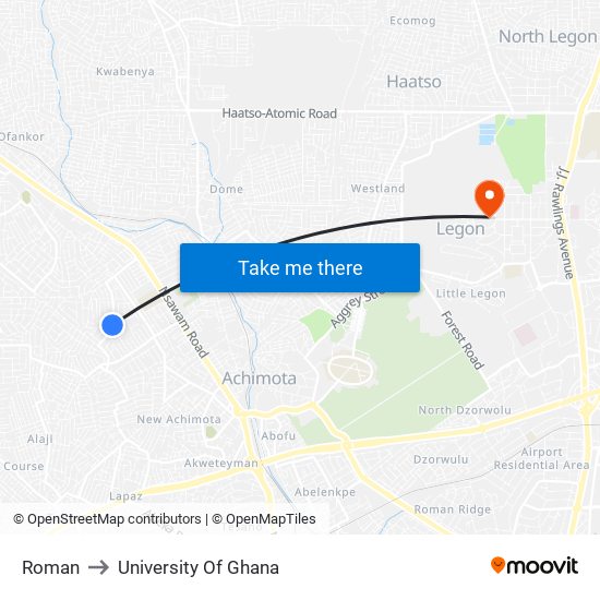 Roman to University Of Ghana map
