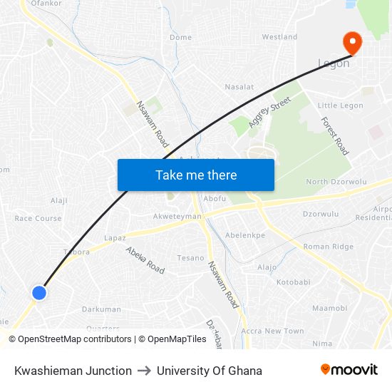 Kwashieman Junction to University Of Ghana map