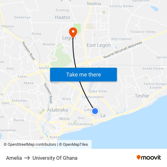 Amelia to University Of Ghana map