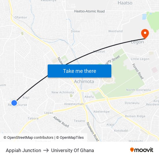 Appiah Junction to University Of Ghana map