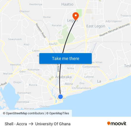 Shell - Accra to University Of Ghana map