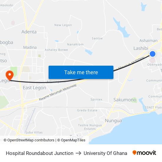 Hospital Roundabout Junction to University Of Ghana map