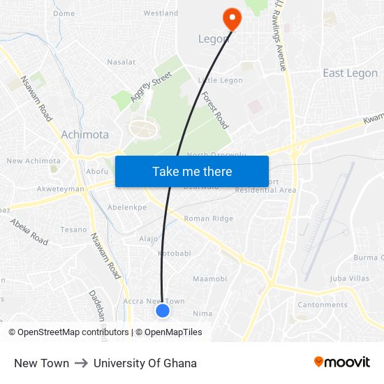 New Town to University Of Ghana map