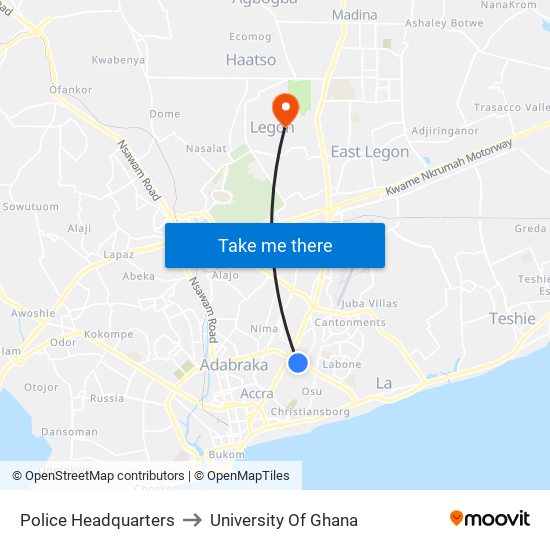 Police Headquarters to University Of Ghana map