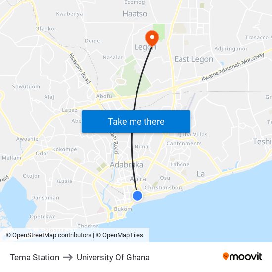 Tema Station to University Of Ghana map