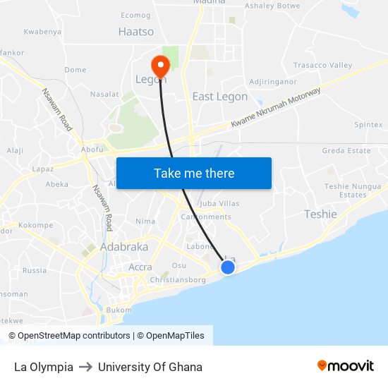 La Olympia to University Of Ghana map