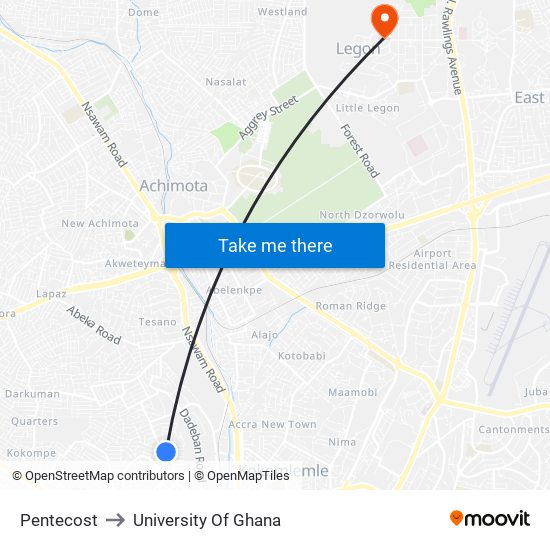 Pentecost to University Of Ghana map