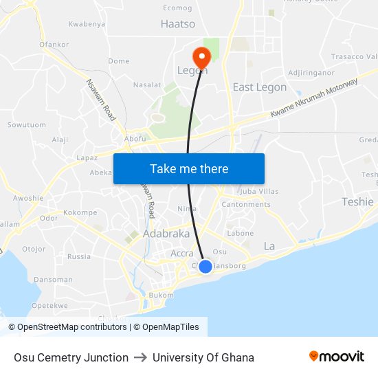 Osu Cemetry Junction to University Of Ghana map