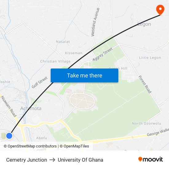 Cemetry Junction to University Of Ghana map