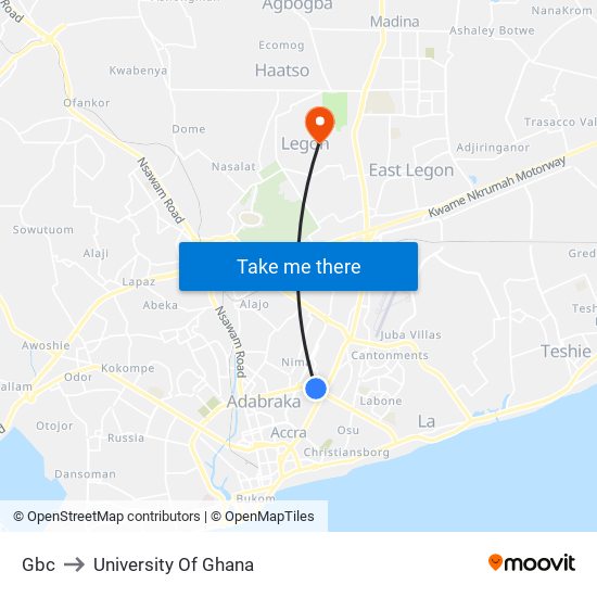 Gbc to University Of Ghana map