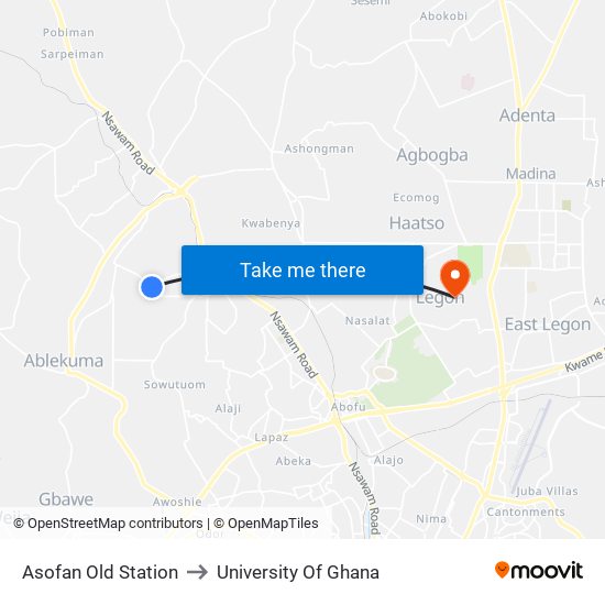 Asofan Old Station to University Of Ghana map