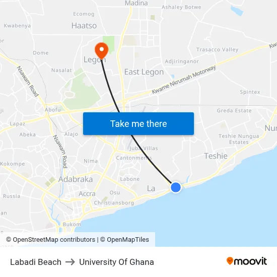 Labadi Beach to University Of Ghana map