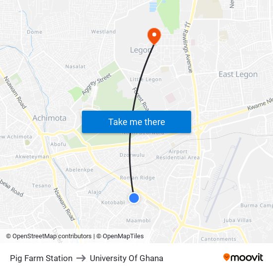 Pig Farm Station to University Of Ghana map