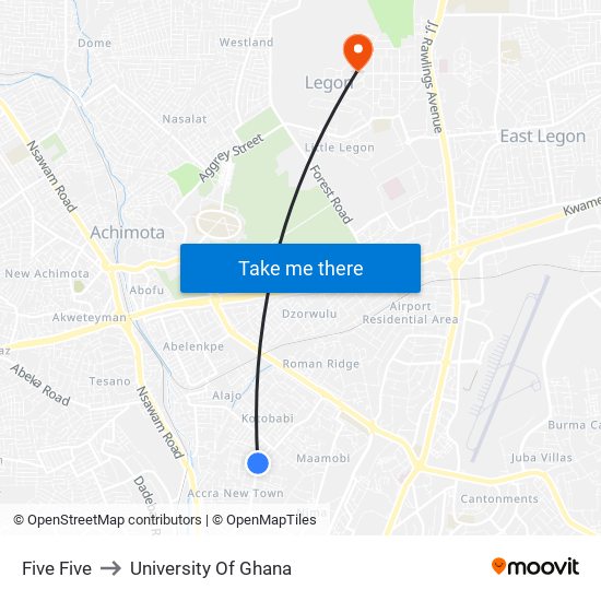 Five Five to University Of Ghana map