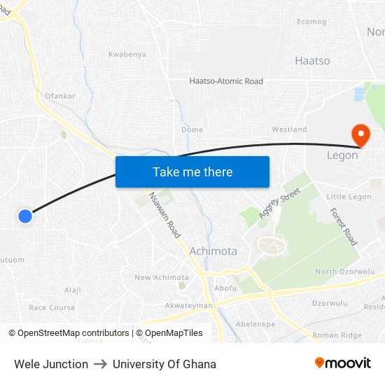 Wele Junction to University Of Ghana map