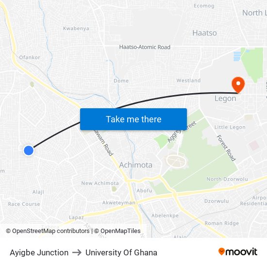 Ayigbe Junction to University Of Ghana map