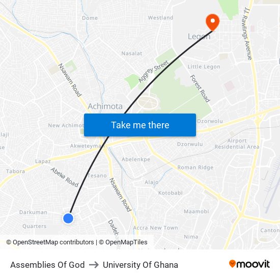 Assemblies Of God to University Of Ghana map
