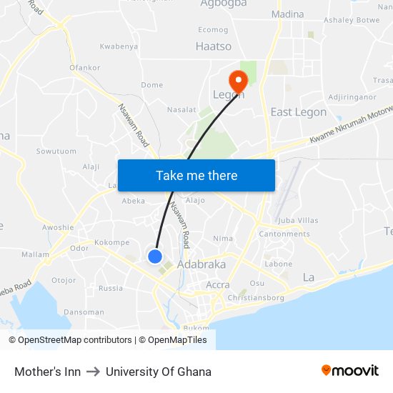 Mother's Inn to University Of Ghana map