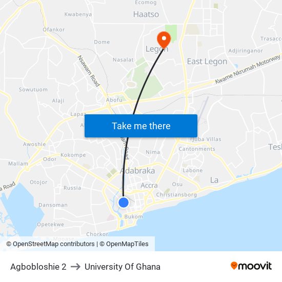 Agbobloshie 2 to University Of Ghana map