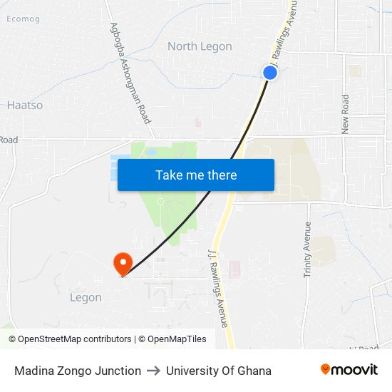 Madina Zongo Junction to University Of Ghana map