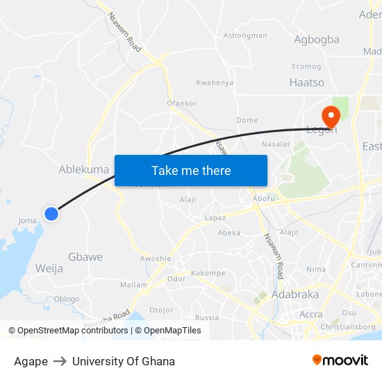 Agape to University Of Ghana map