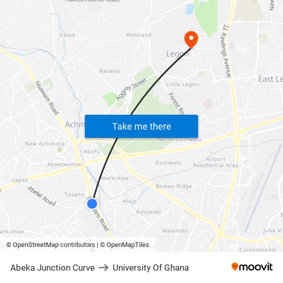 Abeka Junction Curve to University Of Ghana map