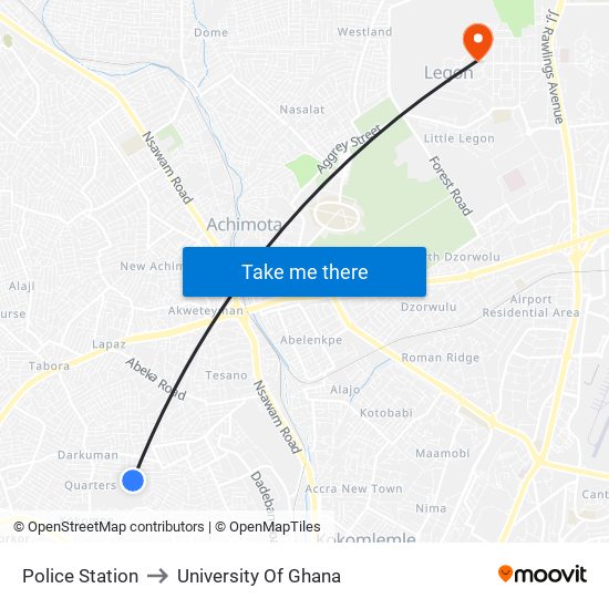 Police Station to University Of Ghana map