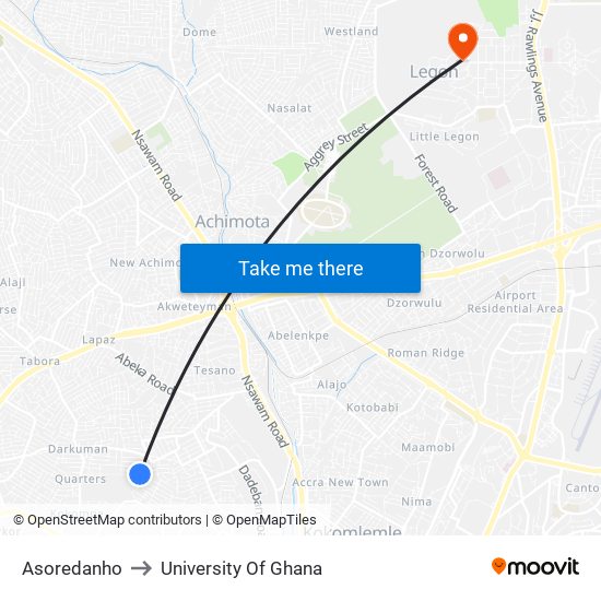 Asoredanho to University Of Ghana map