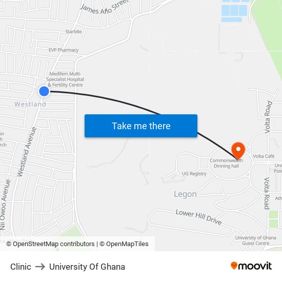 Clinic to University Of Ghana map