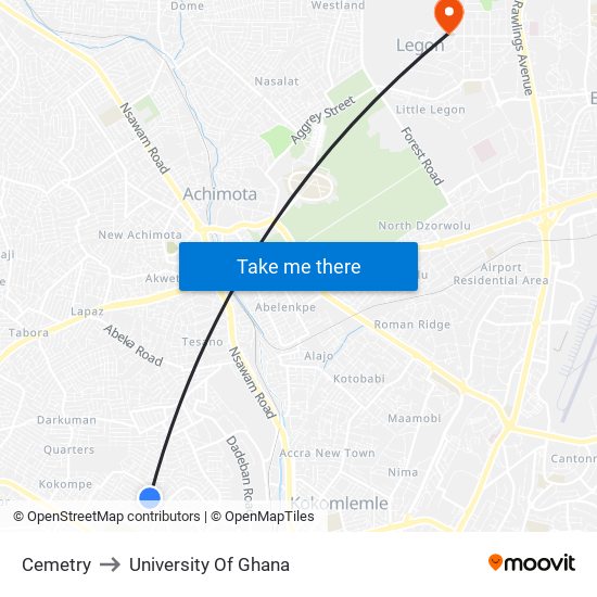 Cemetry to University Of Ghana map