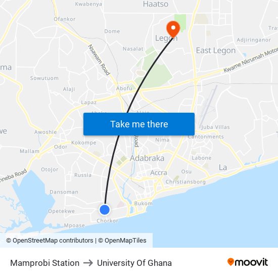 Mamprobi Station to University Of Ghana map