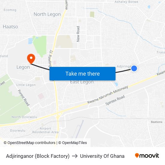 Adjiringanor (Block Factory) to University Of Ghana map