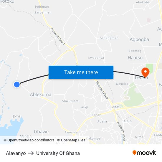 Alavanyo to University Of Ghana map