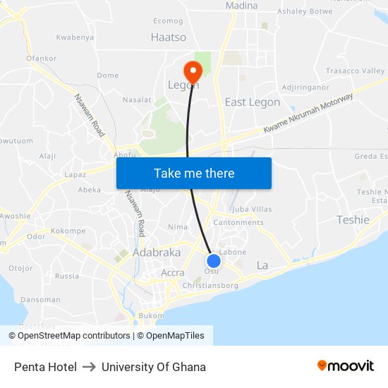 Penta Hotel to University Of Ghana map