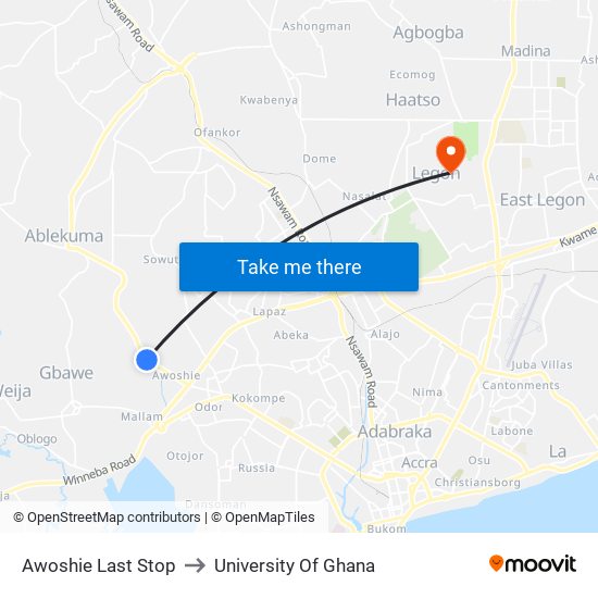 Awoshie Last Stop to University Of Ghana map