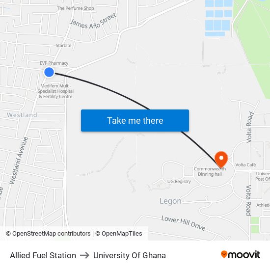 Allied Fuel Station to University Of Ghana map
