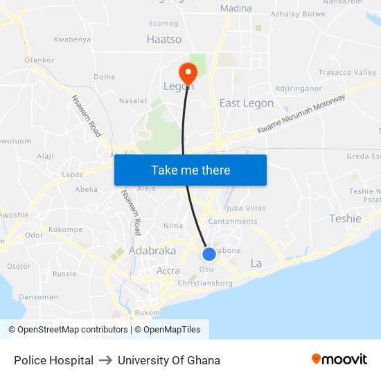 Police Hospital to University Of Ghana map