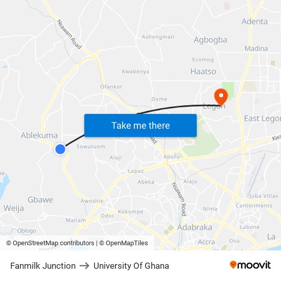 Fanmilk Junction to University Of Ghana map