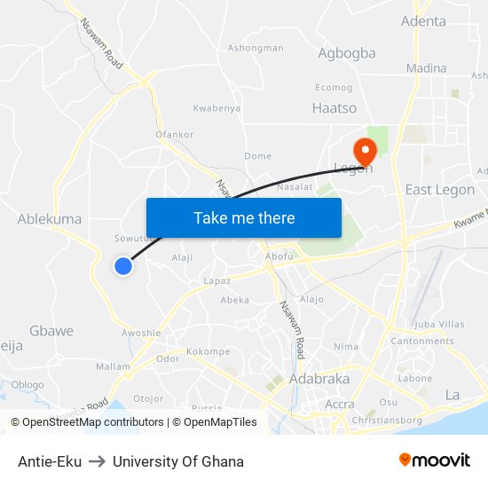 Antie-Eku to University Of Ghana map
