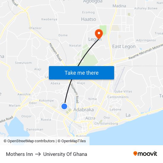 Mothers Inn to University Of Ghana map