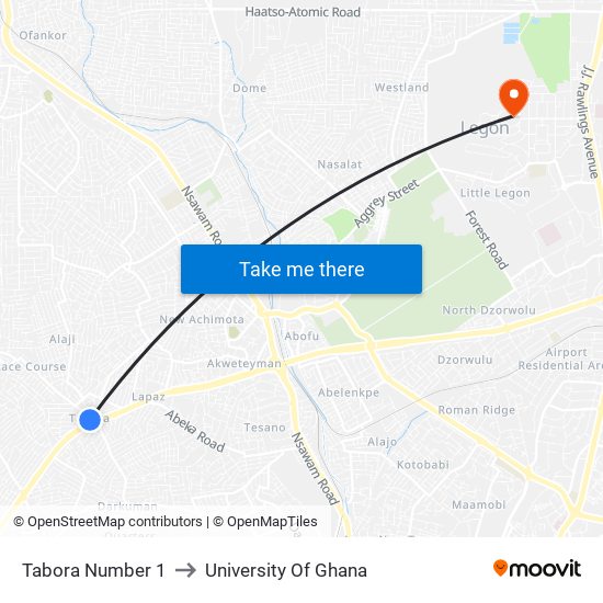 Tabora Number 1 to University Of Ghana map