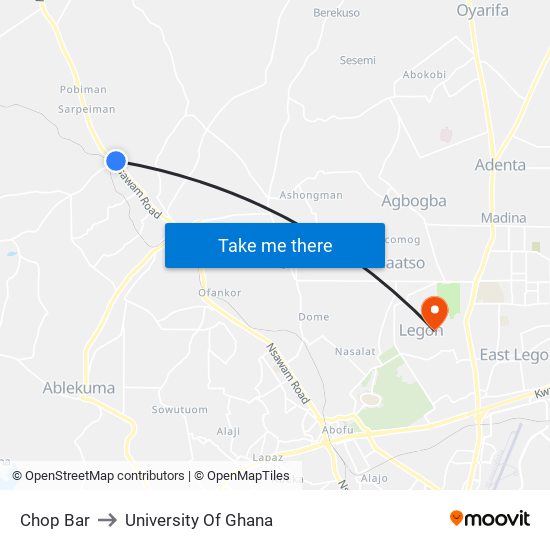 Chop Bar to University Of Ghana map