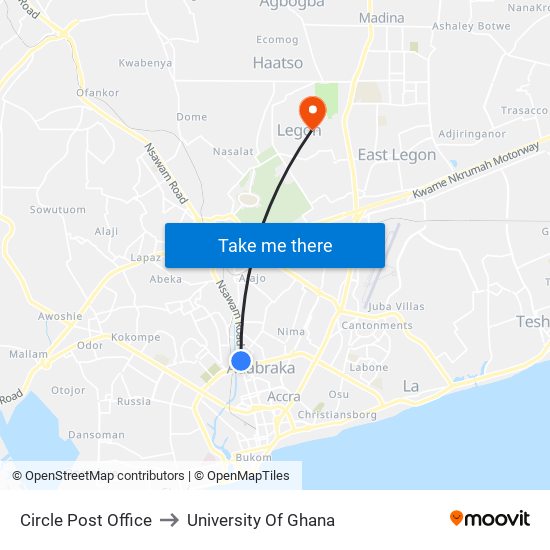 Circle Post Office to University Of Ghana map