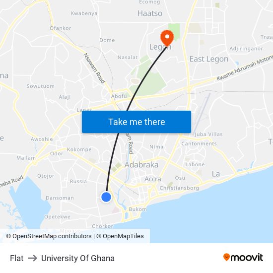 Flat to University Of Ghana map