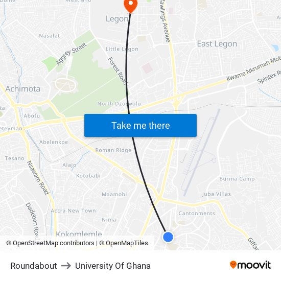 Roundabout to University Of Ghana map