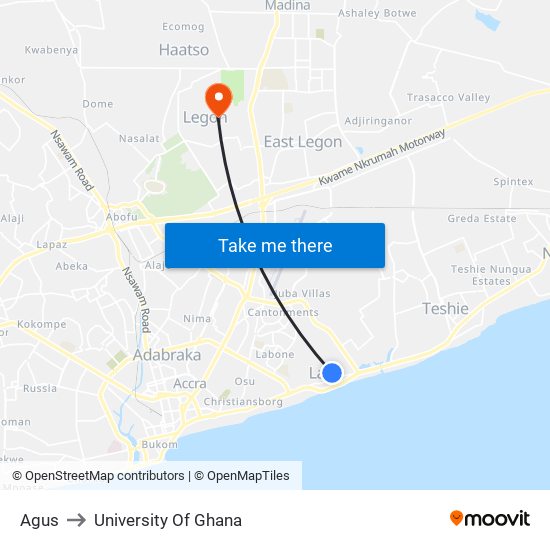 Agus to University Of Ghana map