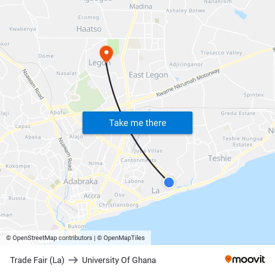 Trade Fair (La) to University Of Ghana map