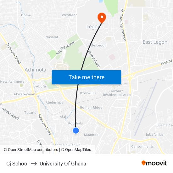Cj School to University Of Ghana map