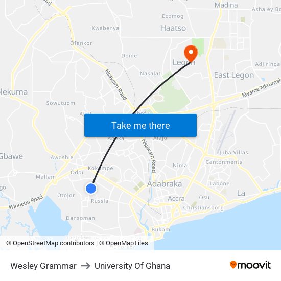 Wesley Grammar to University Of Ghana map