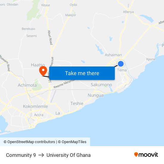 Community 9 to University Of Ghana map